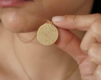 Gold phaistos disc necklace greek pendant stainless steel necklace, grecian medallion layering necklace ancient greece jewelry gift for her