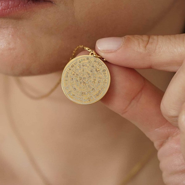 Gold phaistos disc necklace greek pendant stainless steel necklace, grecian medallion layering necklace ancient greece jewelry gift for her
