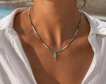 Silver Fish Charm Necklace, Miyuki Bead Necklace, Colorful Beaded Choker, Silver Fish Pendant, Summer Ocean Jewelry