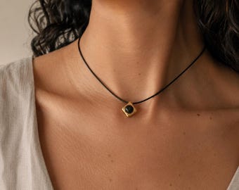 Onyx Gold Pendant Necklace, Black Cord Adjustable Necklace