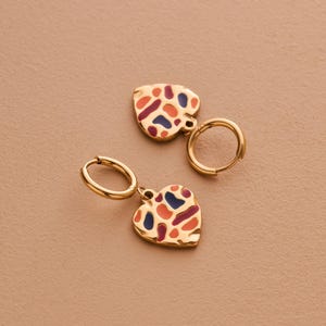 Colorful heart hoop earrings, gold enamel heart charms, gold statement dangle hoops, playful y2k summer earrings, lightweight gift for her