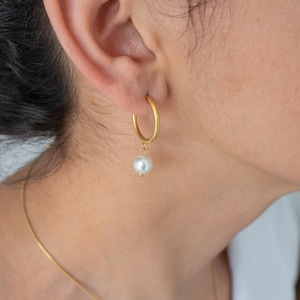 Gold pearl hoop earrings, medium mother of pearl hoops, minimal dainty delicate modern boho stacking chunky gold hoops waterproof earrings