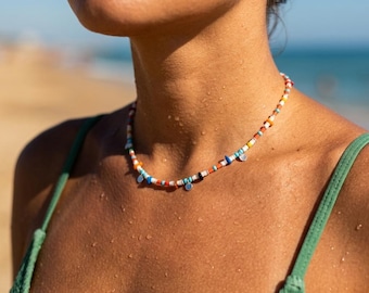 Colorful Beaded Necklace, Shell Coral Howlite Summer Jewelry