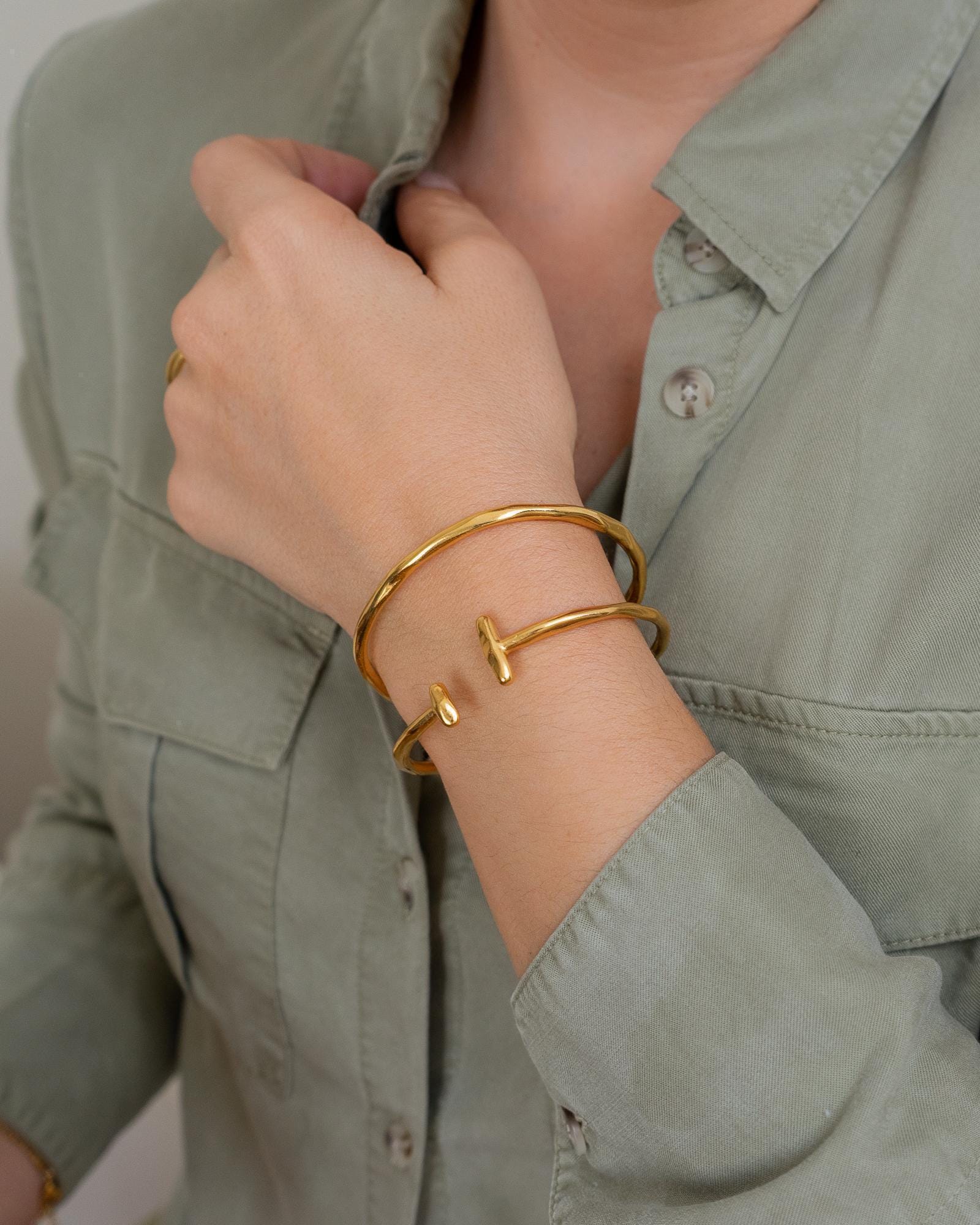 Gold cuff wt bars, gold plated organic cuff, gold plated stacking statement chunky boho minimalist bracelet for stack cuff for women
