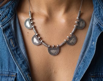 Silver Geometric Necklace, Greek Inspired Statement Necklace, Semicircle Pendant Necklace, Ethnic Silver Jewelry, Ancient Greek Style