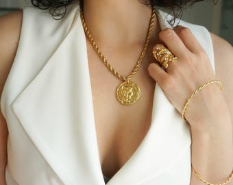 Gold athena goddess coin pendant stainless steel rope chain necklace, grecian medallion ancient greek, chunky rope chain choker, gift r her