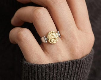 Two Tone Stainless Steel Ring, Gold Coin Statement Ring, Silver and Gold Ring, Modern Adjustable Look Ring, Tarnish Free Jewelry