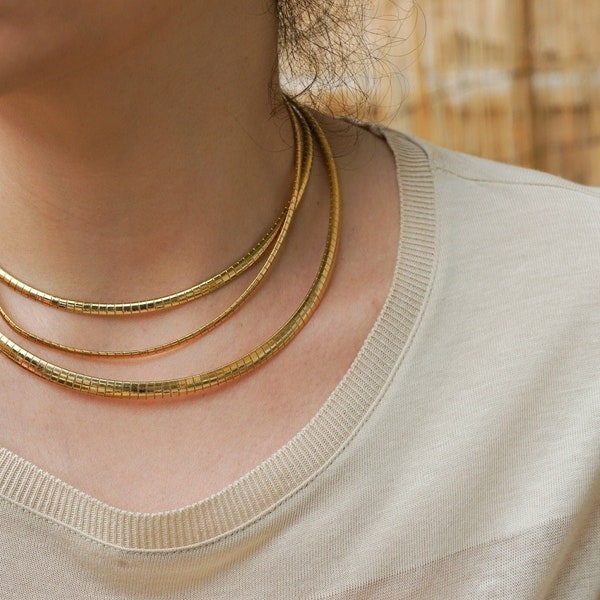 Gold flat snake chain choker, stainless steel choker chain, dainty thin layer necklace, minimalist layering, simple, everyday chain stack