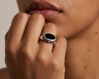 Vintage Inspired Enamel Ring, Silver Statement Ring, Black Brown Turquoise Ring, Retro Cocktail Ring, Gift for Her