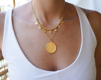 Set of 2 gold round disc charm necklaces, layered stacking boho bohemian dainty hippie jewelry, arabic coins inspired jewellery gift for her