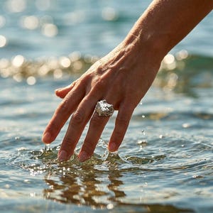 Könnte beinhalten: Ein silberner Ring mit einer unregelmäßigen, texturierten Oberfläche, die an eine natürliche Felsformation oder organische Form erinnert, getragen an einem Finger, der die Wasseroberfläche berührt und kleine Spritzer sowie Wellen erzeugt.