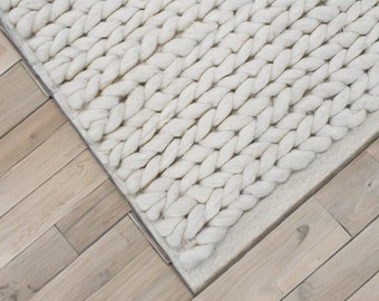 Alfombra de lana gruesa tejida a mano, alfombra de área blanco marfil, alfombra de punto grueso hecha a mano, alfombra de tamaño personalizado, alfombra de lana suave y moderna, decoración acogedora para el hogar