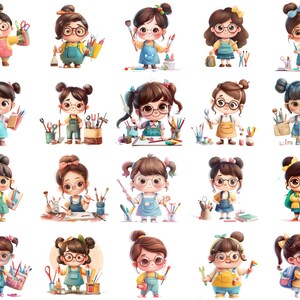 Creative Cartoon Girls Clipart Collection with Glasses and Art Supplies - Perfect for Kids' Projects and Crafts Instant Download