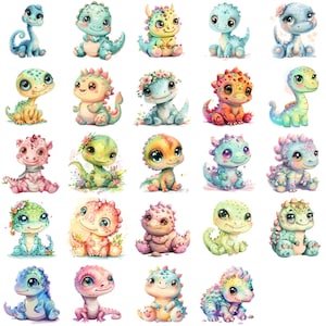 Créatures amusantes de dessins animés - Adorables bébés dinosaures et êtres ressemblant à des dragons dans des couleurs pastel pour des designs et des illustrations pour enfants