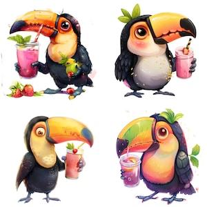 Toucans animés de dessin animé avec des boissons colorées - Clipart amusant pour le téléchargement immédiat et la conception par sublimation