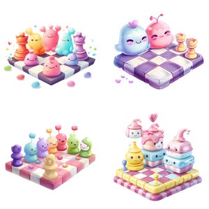 Scene di scacchiere dei cartoni animati stravaganti con personaggi carini - Perfette per clipart, design a sublimazione e download istantanei