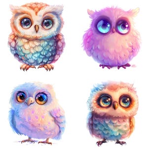 Colección de búhos de dibujos animados: imágenes prediseñadas coloridas y adorables para descarga instantánea y proyectos de diseño de sublimación.