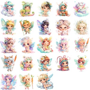 Colección de imágenes prediseñadas de personajes de hadas caprichosos: adorables ilustraciones inspiradas en la naturaleza para descarga instantánea y diseño de sublimación.