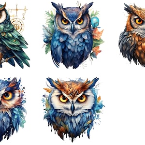 Clipart lunatique de la collection hibou - dessins steampunk, abstrait, réalisme et nature pour téléchargement immédiat et projets de sublimation