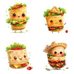 Verspielte Cartoon Essen Charaktere Wraps und Burritos Sammlung für Clipart, Instant Download und Sublimation Design Spaß