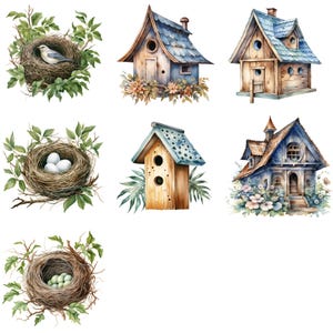 Nidi di uccelli e casette per uccelli splendidamente illustrati in morbido stile acquerello - Clipart ispirate alla natura per il download immediato