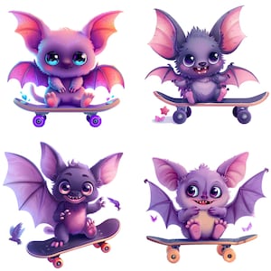 Adorabile set di clipart di pipistrelli dei cartoni animati su skateboard - Download immediato per progetti divertenti e design a sublimazione