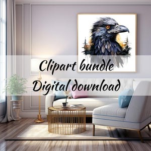 Fesselnder Aquarell Rabe mit auffallendem orangem Auge - künstlerische Clipart zum sofortigen Download und Sublimationsdesign