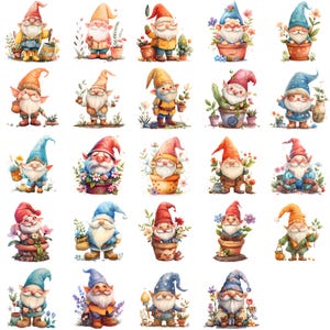 Colección de imágenes prediseñadas de gnomos de dibujos animados para jardinería: descarga instantánea para diseño de sublimación y más