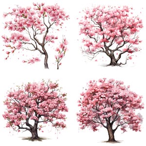Alberi splendidamente illustrati con fiori rosa - Perfetti per clipart primaverili e design a sublimazione