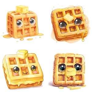 Lot de cliparts gaufres dessin animé ludique avec des expressions mignonnes pour sublimation et téléchargement immédiat