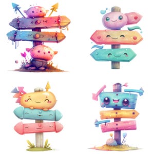 Skurrile Kawaii Wegweiser Clipart Bundle zum sofortigen Download - Fröhliche Cartoon Designs perfekt für Sublimationsprojekte