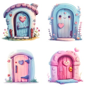 Colección de puertas de dibujos animados caprichosos: clipart kawaii para descarga instantánea, ideal para diseños y proyectos de sublimación