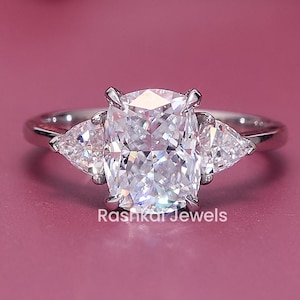 2.50 CT Elongated Cushion Cut Moissanite Engagement Ring, Three Stone Wedding Ring for Women, Side Trillion Moissanite Anniversary Ring