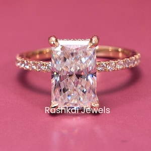 2.75 CT Crushed Ice Radiant Moissanite Ring, Hidden Halo Wedding Ring, Solitaire Engagement Ring, Yellow Gold Bridal Ring, Anniversary Ring
