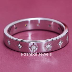 Moissanite Starburst Wedding Band Ring, 14k Solid Gold Dainty Star Setting Anniversary Band, Pave Celestial Ring Women, Matching Band Gift
