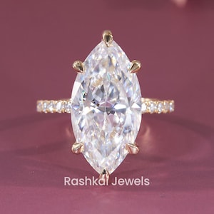 8.65 TCW Large Marquise Moissanite Engagement Ring, Big Marquise Solitaire Wedding Ring, Pave Set Celebrity Style Chunky Hidden Halo Ring