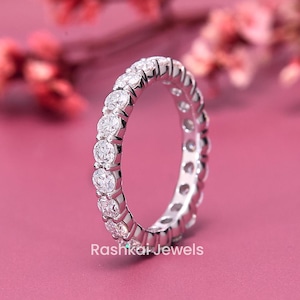 Round Moissanite Wedding Band, 2.80 MM Colorless Moissanite Engagement Band, 14K White Gold Moissanite Band, Full Eternity Anniversary Band