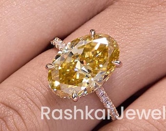Large Oval Hidden Halo Engagement Ring, 6.80 TCW Canary Yellow Moissanite Diamond Wedding Ring, Pave Set Yellow Gold Ring, Anniversary Gift