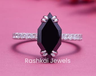 Unique Black Moissanite Engagement Ring, 2.50 CT Dutch Marquise Cut Pave Wedding Ring, Hidden Halo Bridal Ring, Promise Ring for Her