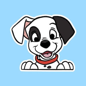 May include: A cartoon Dalmatian puppy with black spots and a red collar peeks out from behind a white border. The puppy has a happy expression with its tongue sticking out.