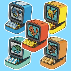 May include: Five colorful pixelated retro-style handheld gaming devices with different Pokemon characters on the screen. Each device has a button pad and a joystick.