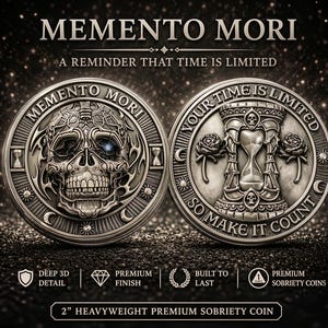 May include: Two silver-colored coins with intricate designs. One coin features a detailed skull with the words "MEMENTO MORI." The other coin shows an hourglass and roses, with the text "YOUR TIME IS LIMITED SO MAKE IT COUNT." The coins are 2 inches in diameter.