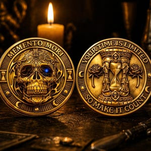May include: Two gold-colored coins with intricate designs. One coin features a skull with the words "MEMENTO MORI." The other coin has an hourglass and the text "YOUR TIME IS LIMITED SO MAKE IT COUNT." A lit candle is in the background.