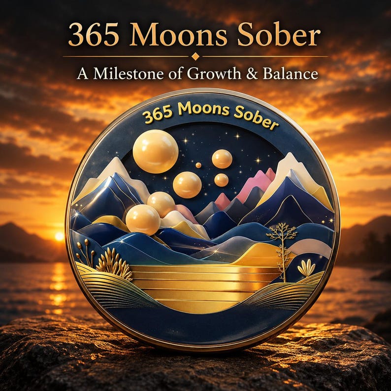 May include: A circular medallion featuring the text 365 Moons Sober. The design displays stylized mountains, a golden horizon, and several spherical moons against a dark blue starry sky. The text 365 Moons Sober A Milestone of Growth & Balance appears above the coin.