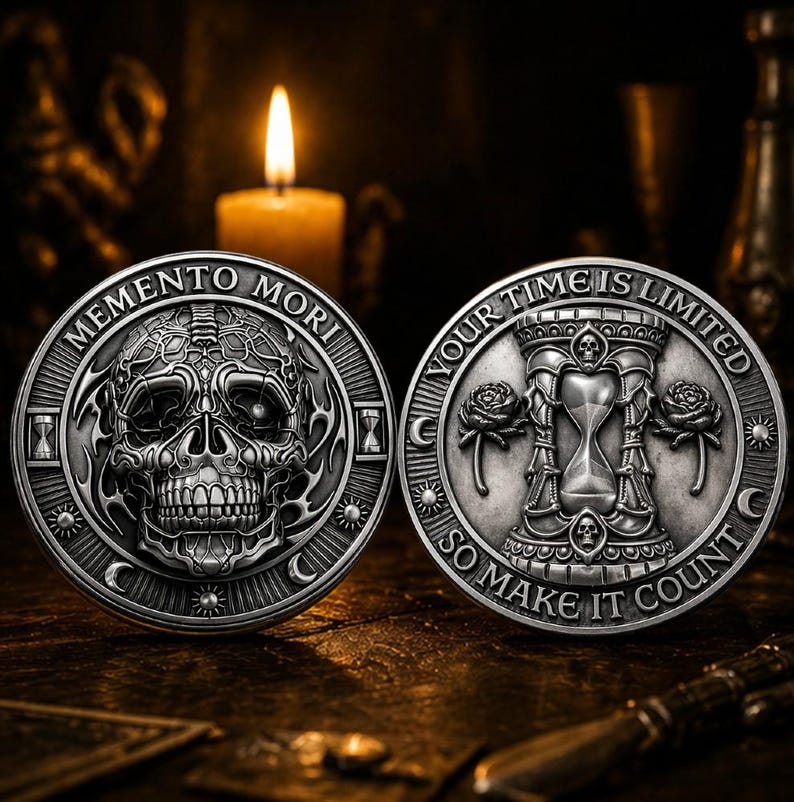 Memento Mori Collector Coin, Stoic Skull Pocket Token, Remember You Must Die, Philosophy Gift, Antique Finish Daily Reminder Challenge Coin bild 3