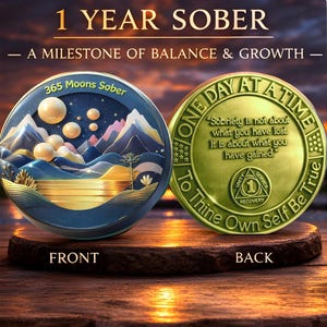 May include: A round sobriety coin showing the front and back. The front features a mountain landscape with moons and the text 365 Moons Sober. The back is gold-toned with the text One Day At A Time, To Thine Own Self Be True, and a central 1 symbol.