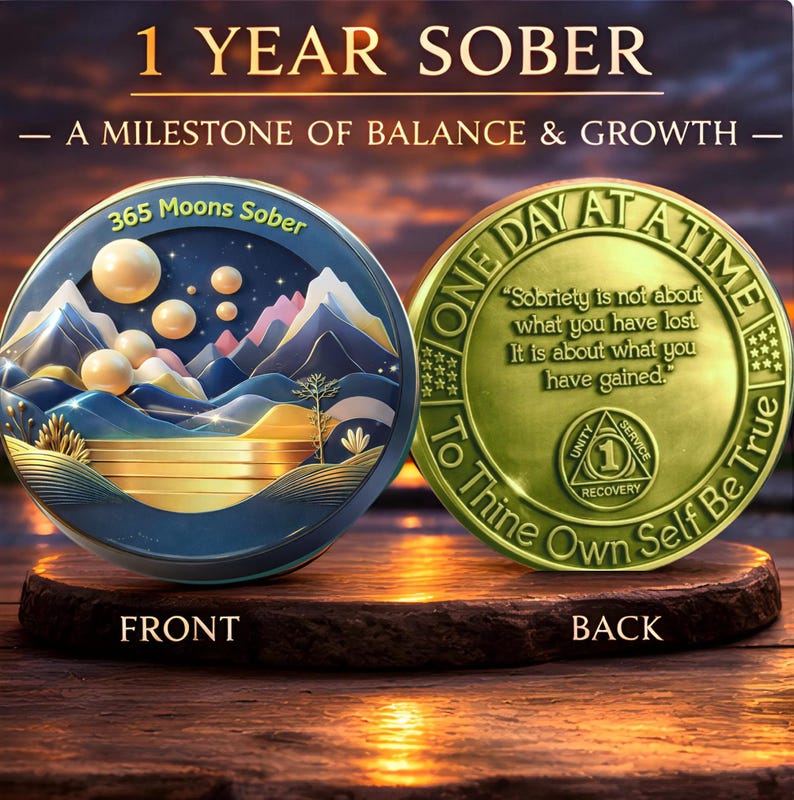 May include: A round sobriety coin showing the front and back. The front features a mountain landscape with moons and the text 365 Moons Sober. The back is gold-toned with the text One Day At A Time, To Thine Own Self Be True, and a central 1 symbol.