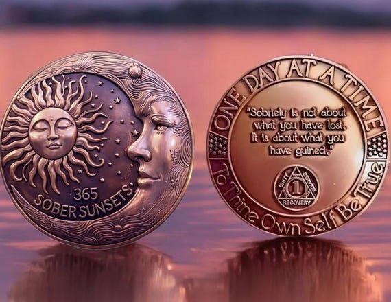 One Year Sober Sobriety Coin - 1 Year AA Medallion Token Prayer in Recovery - Alcoholics Anonymous Yearly Celebrate Gift