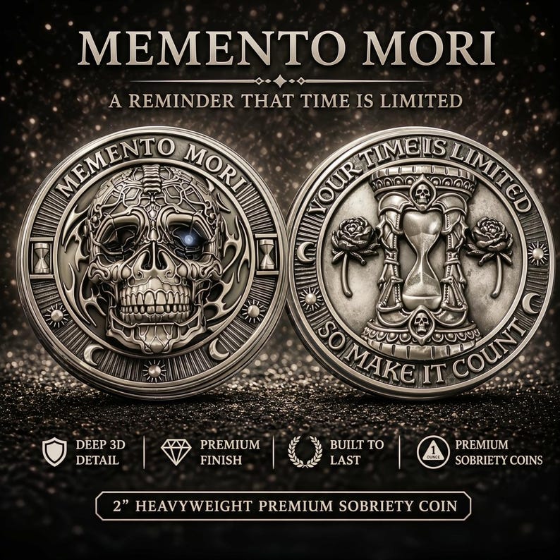 May include: Two silver-colored coins with intricate designs. One coin features a detailed skull with the words "MEMENTO MORI." The other coin shows an hourglass and roses, with the text "YOUR TIME IS LIMITED SO MAKE IT COUNT." The coins are 2 inches in diameter.