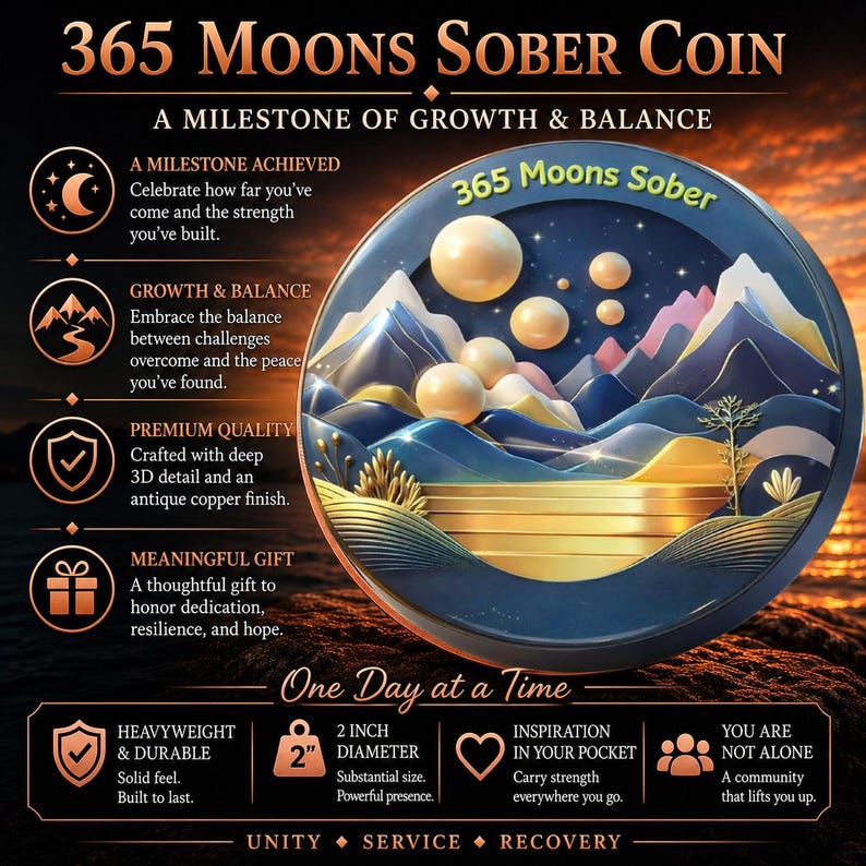 May include: A round 2-inch diameter sober coin featuring a 3D landscape with mountains, a golden horizon, and floating moons. The text reads 365 Moons Sober, 365 Moons Sober Coin, A Milestone of Growth & Balance, One Day at a Time, Unity, Service, Recovery.